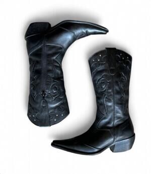 Vintage JK Boots Black Leather Women’s 7 Silver Studs Brazil Made Western Cowboy